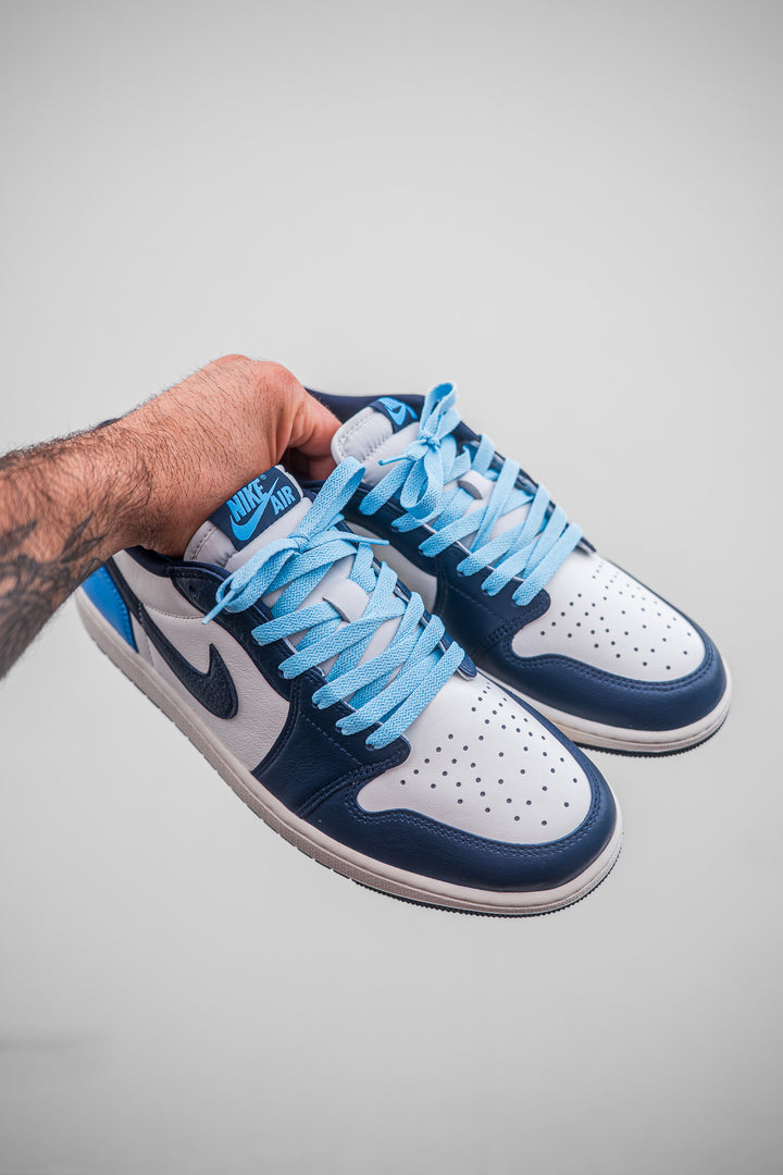 Carolina Blue Lace Lab Laces on Air Jordan 1 Obsidian Low