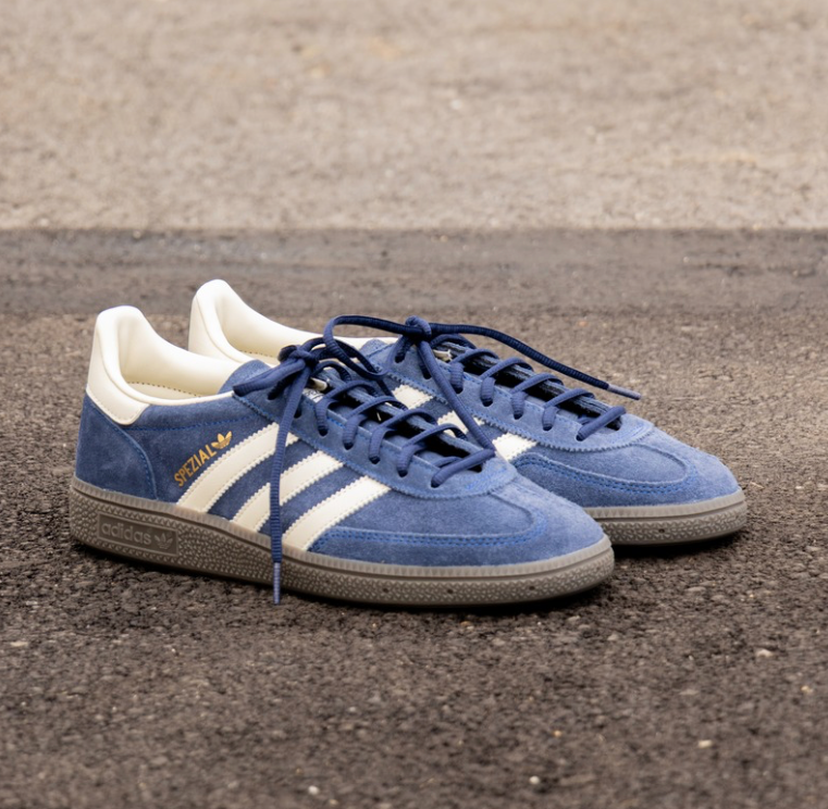 Close-up of an Adidas Handball Spezial sneaker customized with 45-inch Lace Lab Thin Blue Oval Laces.