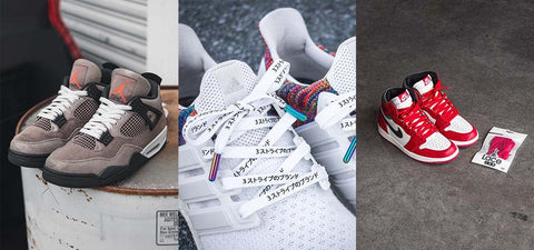 Air Jordan 4, Adidas runners, and Air Jordan 1 with Lace Lab Jordan Replacement Laces