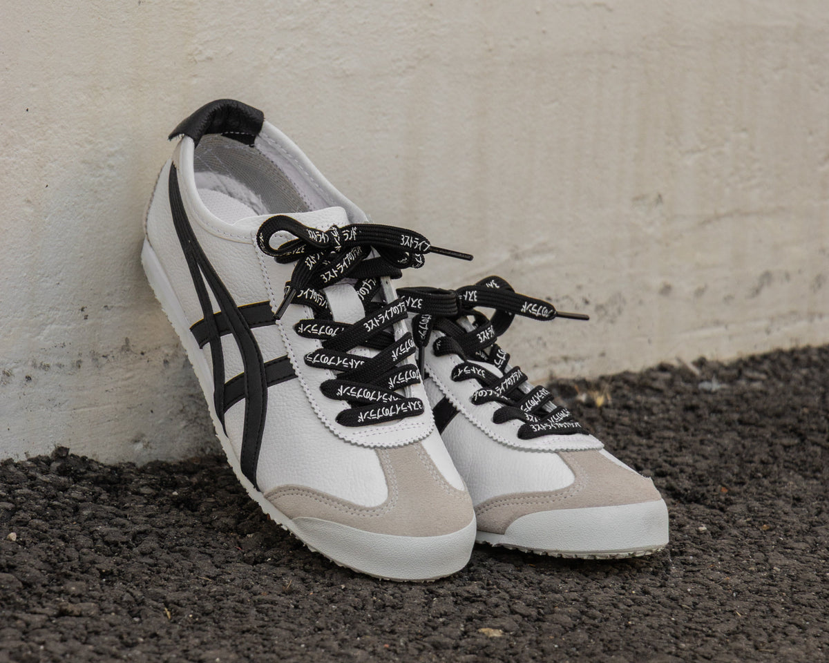 Onitsuka Tiger Mexico 66 lace swap with Lace Lab black Katakana laces, close-up sneaker detail