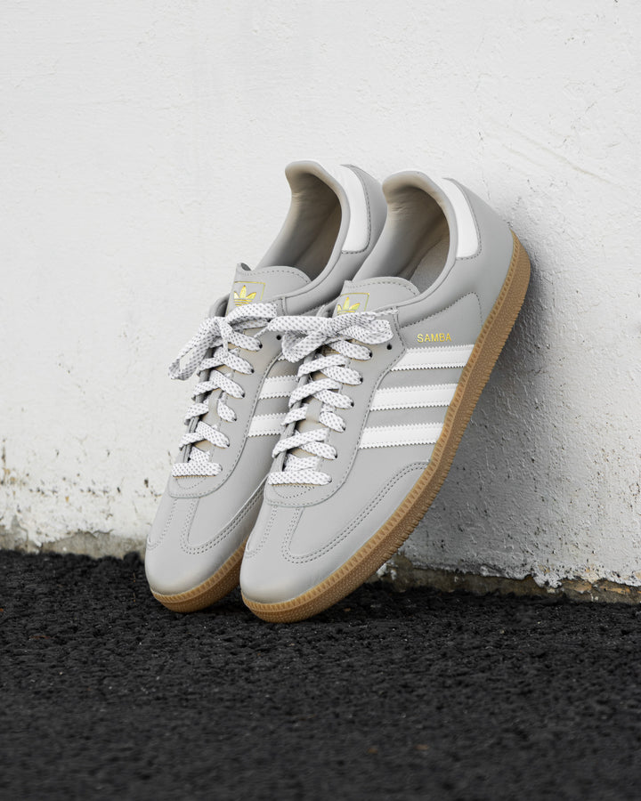 Light Grey Adidas Samba with Lace Lab 45" White Reflective Flat Laces 2.0 