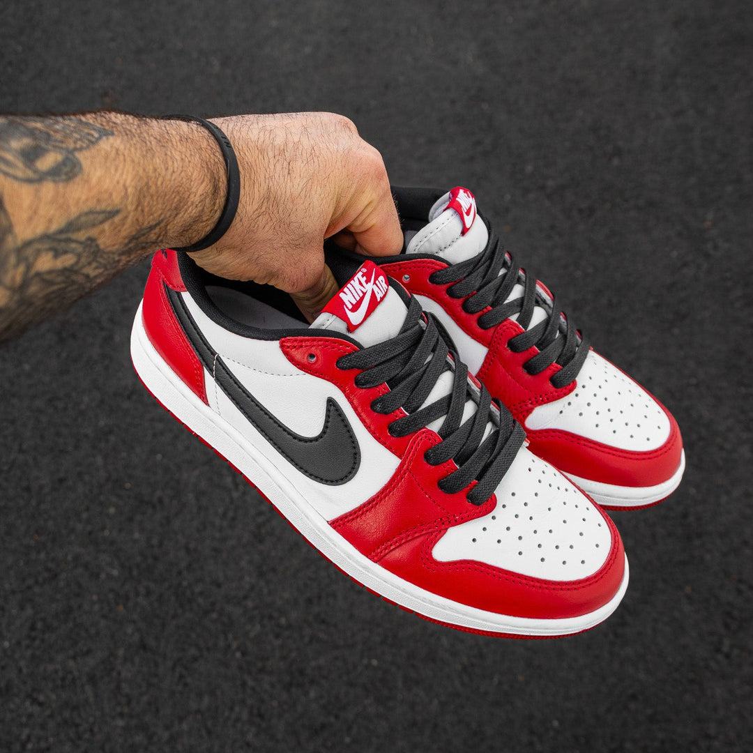 AJ1 Low Chicago with 54” Black Waxed Flat Laces in hand