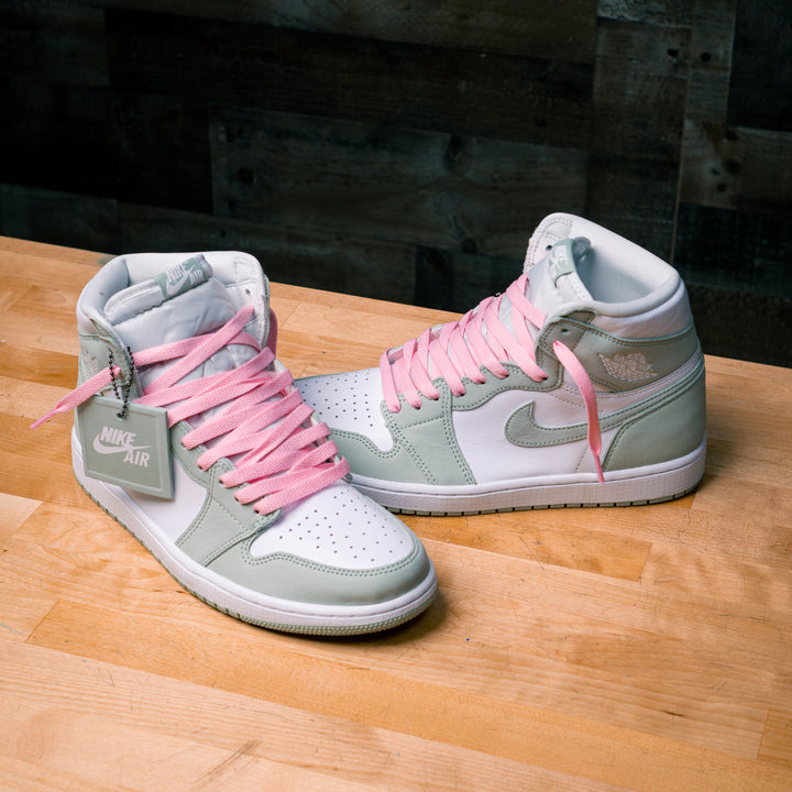 Green and white Air Jordan 1 High tops with Pink Lace Lab Jordan 1 Replacement Laces
