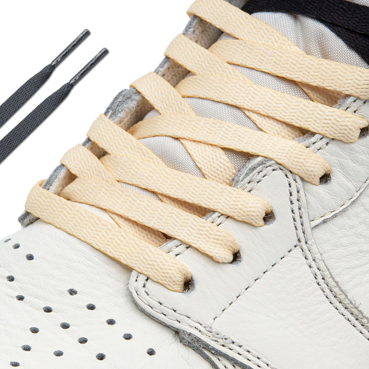 On shoe picture of Black/Cream Union Jordan 1 Replacement Shoelaces by Lace Lab