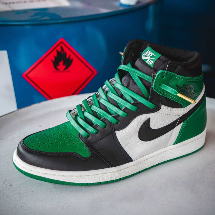 Jordan Pine Green 1's w/ Lace Lab's Kelly Green Luxury Leather Laces - Shop Now